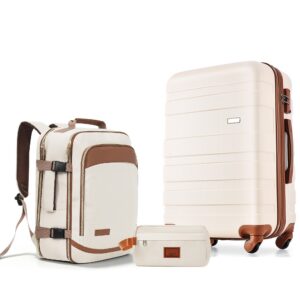 3-Piece Luggage Set - 24in Checked Suitcase with TSA Lock Travel Duffel Bag Wet-Dry Toiletry Bag,ivory and brown