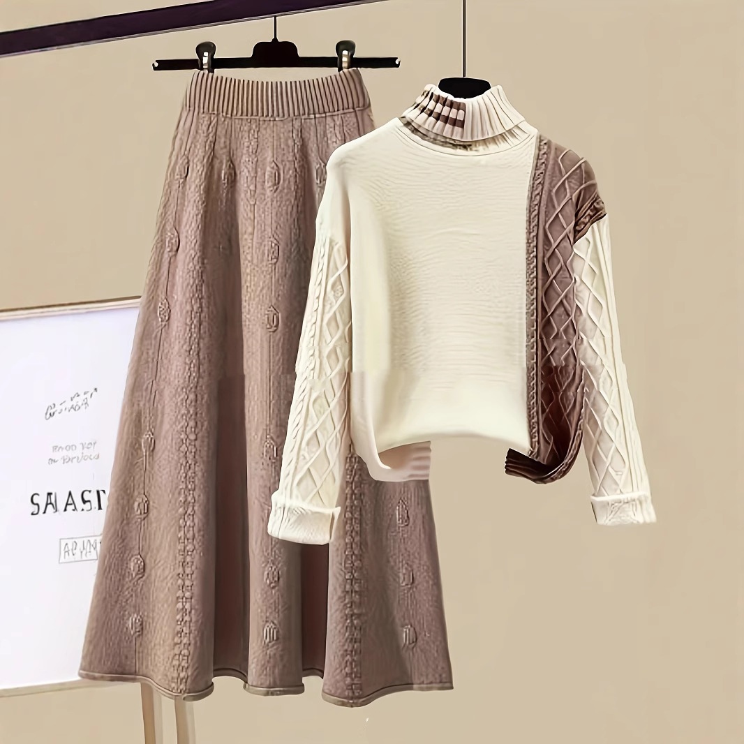 Fashion Polo Collar Contrast Color High Class Elegant Design Woolen Skirt Two-piece Set