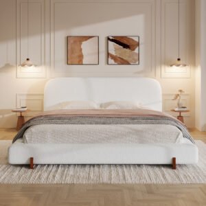Unique Design, White Fabric and Solid Wood Legs Upholstered Bed Frame,King