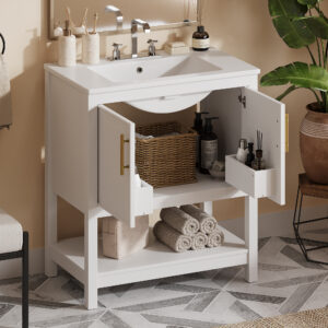 30-Inch White Bathroom Vanity With Ceramic Sink And Versatile Storage - Ideal For Small Bathrooms