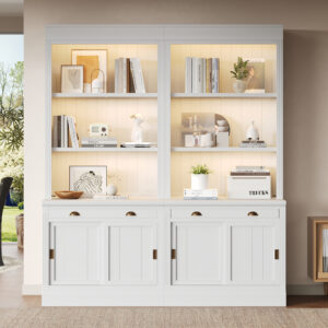 83.4Tall Bookshelf Suite With LED Lighting, Modern Bookcase Suite With Sliding Doors,Drawers And Open Shelves,Storage Bookshelf For Living Room,Home Office,White