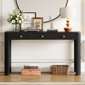TREXM Rustic Console Table With Curved Corners For Safety Entryway Table With 3 Concealed Drawers Sturdy Sofa Table With Thick Legs For Hallway & Living Room Black