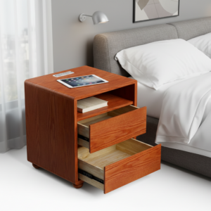20 Modern Nightstand With 2 Drawers And Shelves Solid Wood Night Stand With Charger Station Mid Century Bedside Table Curved Wood Side Table-Walnut