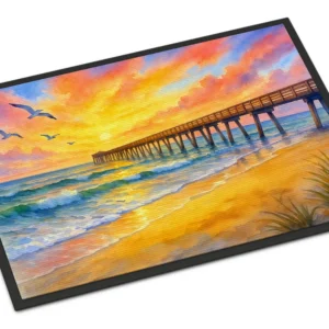 Beach Pier at Sunrise Doormat Front Door Mat Indoor Outdoor Rugs for Entryway, Non Slip Washable Low Pile, 24H X 36W