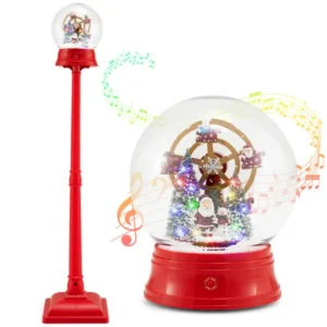 5 Ft Christmas Streetlamp Decor: 360° Rotating Ferris Wheel (Santa/Snowman), 15 Colorful LEDs, 8 Tunes, 2 Modes (Stand/Tabletop)