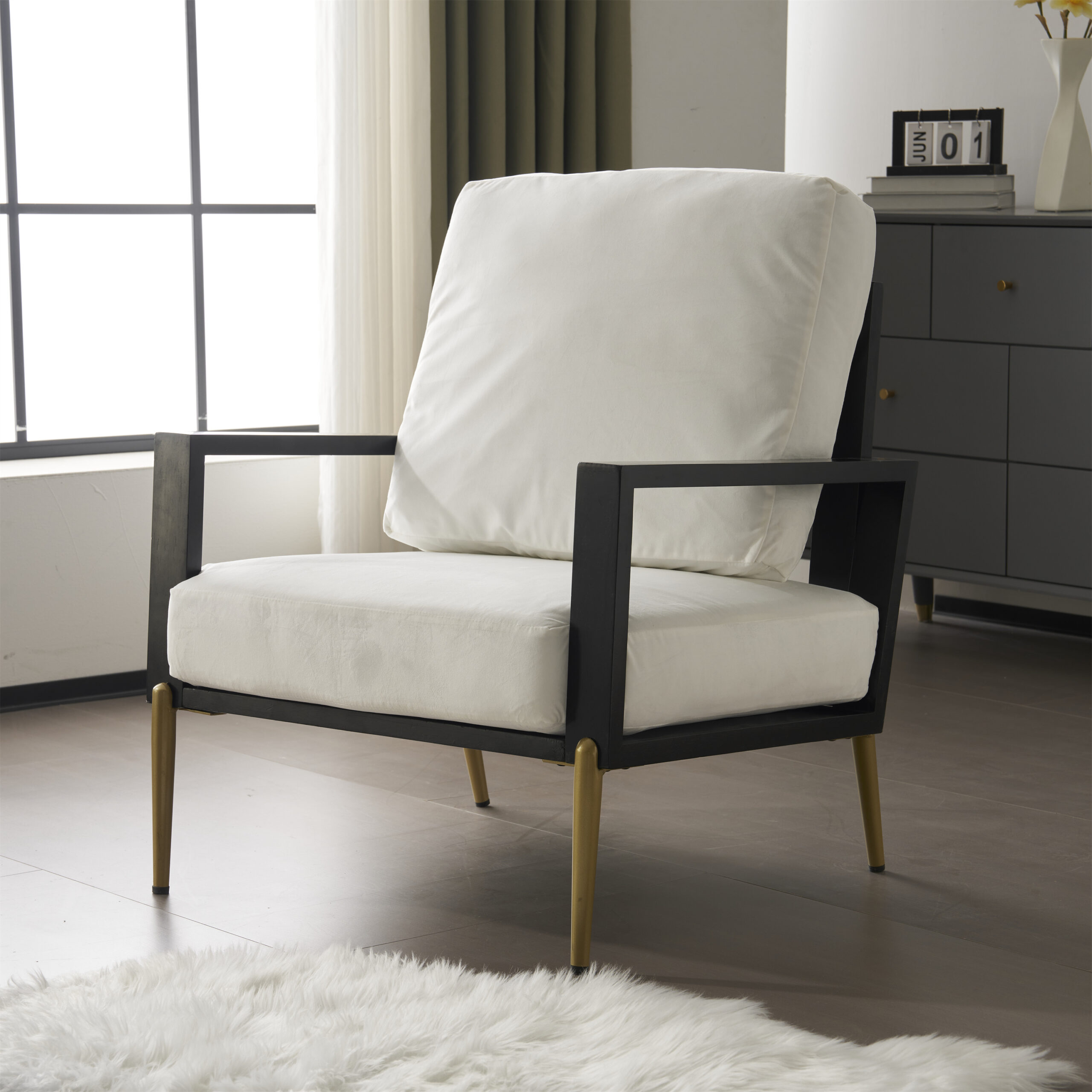 Upholstered Accent Chair, Velvet Lounge Arm Chair With Solid Wood Frame, Living Room Chairs With Metal Legs For Reading Chair For Balcony, Living Room And Bedroom, White