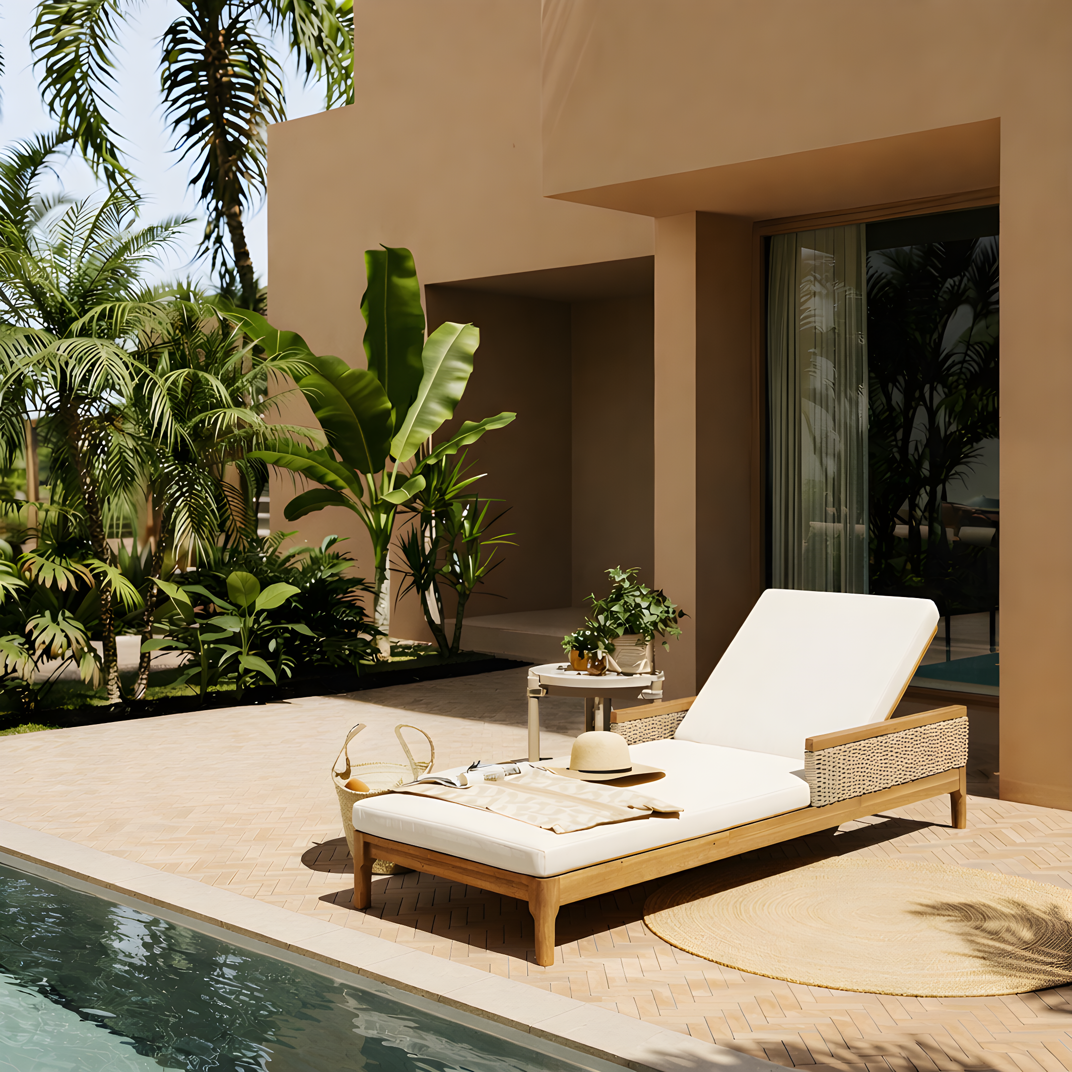 Solid Acacia Wood Sun Chaise Lounger With Beige Cushions And Light Grey Wicker, 76.8 Outdoor Patio Furniture For Garden, Deck, Poolside Relaxation,Natural Beige Cushion