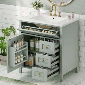 30-Inch Green Bathroom Vanity With Sink, Modern MDF And Rubberwood Cabinet With 3 Drawers And Adjustable Shelf, Freestanding Vanity For Bathroom Storage And Organization Left Door