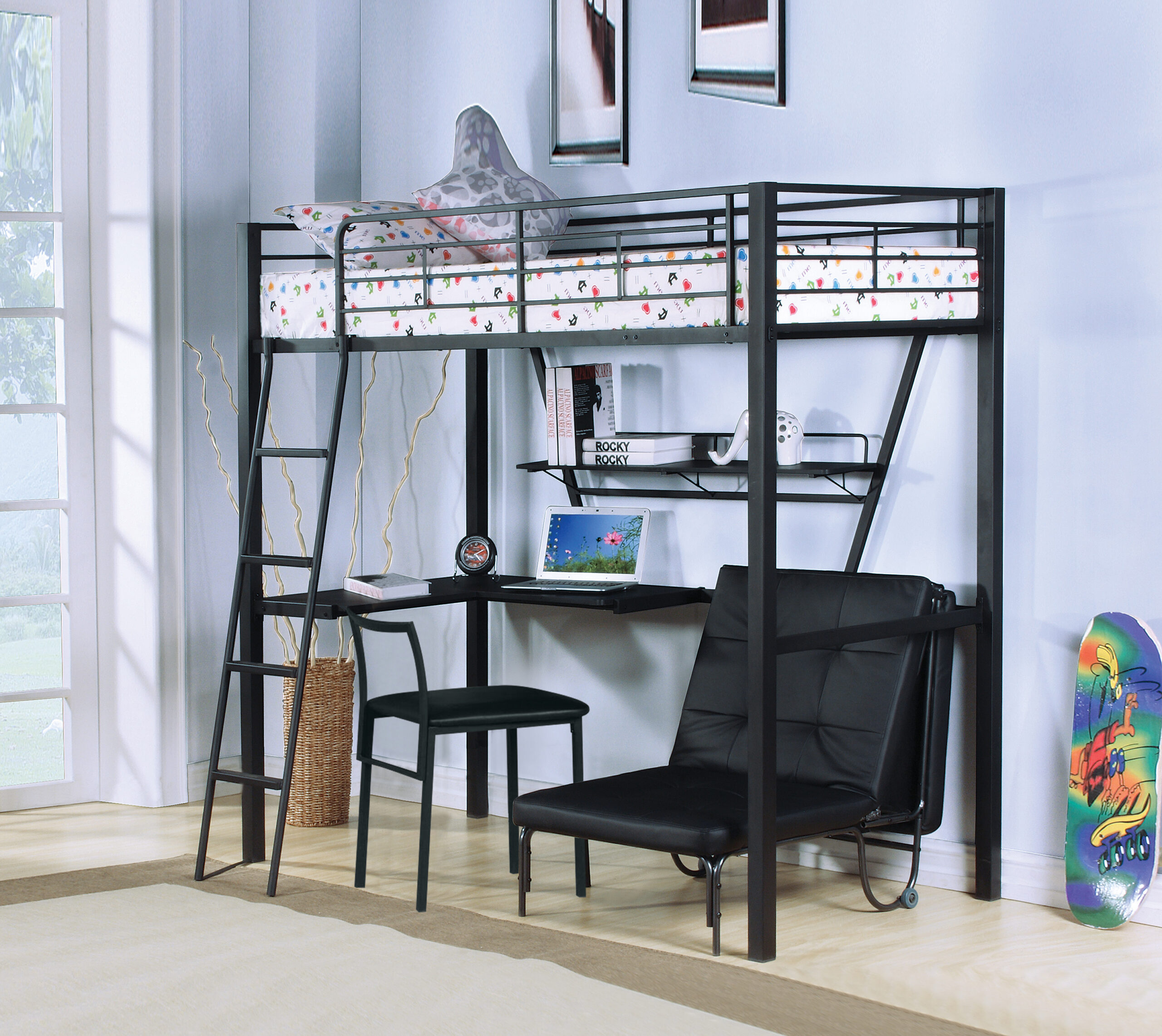 Senon Silver & Black Finish Twin Loft Bed W Desk