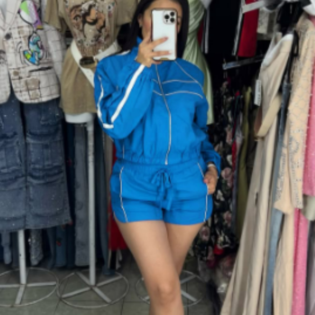 Zippered Contrast-Color Webbing Shorts Womens Two-Piece Set
